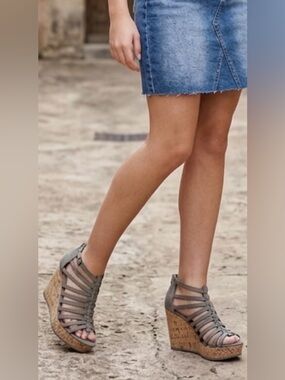 Gray Strappy Cork Wedge Sandals with Cage Upper